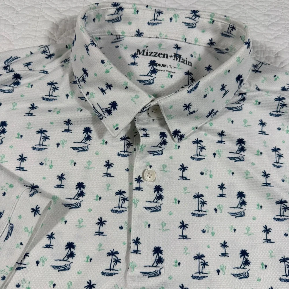 Mizzen Main Palm Tree Cactus Print‎ Polo Shirt Mens Medium Trim Golf Casual